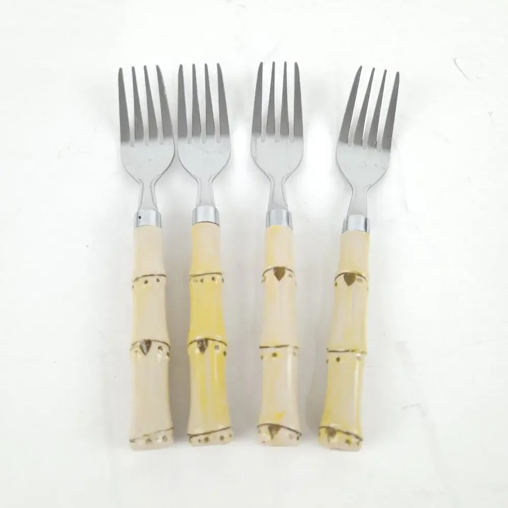 VTG Faux Bamboo Flatware Silverware 18-Set Plastic Stainless Steel Coastal Boho